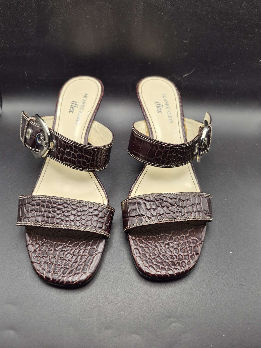 Anne Klein Dark Brown Croc-Embossed Slide Mules